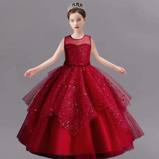 New Girls' Pearl Sequin Princess Dress 4-12 Years Old Bow Long Puffy Dress Banquet Host High end Flower Girl Evening Dress Natalia Home Fashion    Natalia Home Fashion