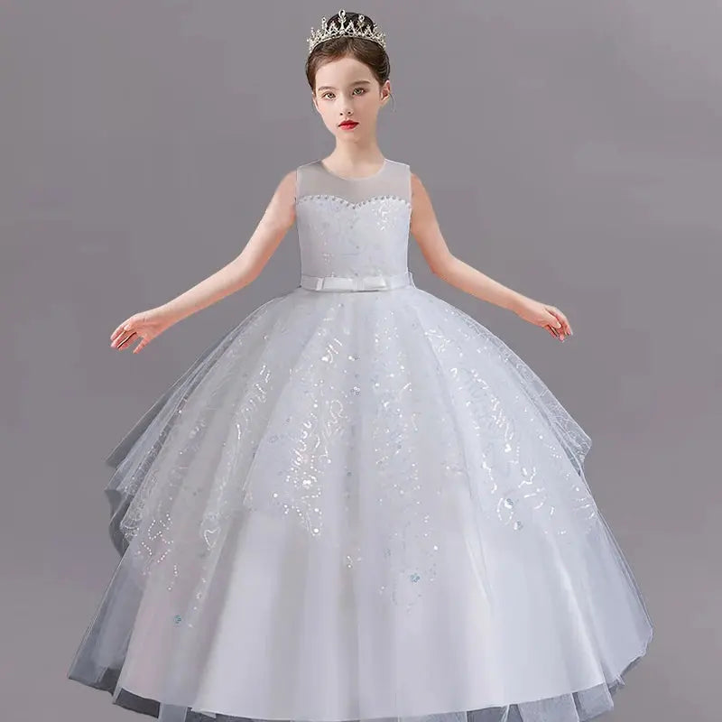 New Girls' Pearl Sequin Princess Dress 4-12 Years Old Bow Long Puffy Dress Banquet Host High end Flower Girl Evening Dress Natalia Home Fashion   white-4T Natalia Home Fashion