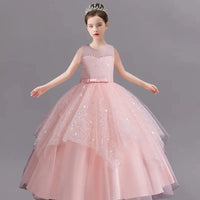 New Girls' Pearl Sequin Princess Dress 4-12 Years Old Bow Long Puffy Dress Banquet Host High end Flower Girl Evening Dress Natalia Home Fashion   pink-11T Natalia Home Fashion