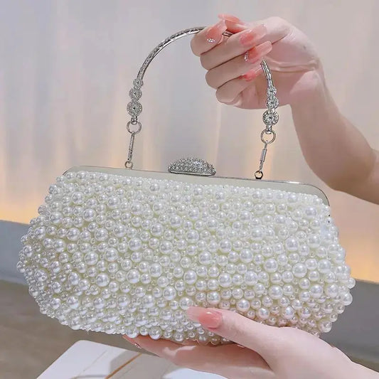 New Vintage Chain Metal Handle Pearl Weave Bag Pearl Clutch Evening Bag For Women My Store