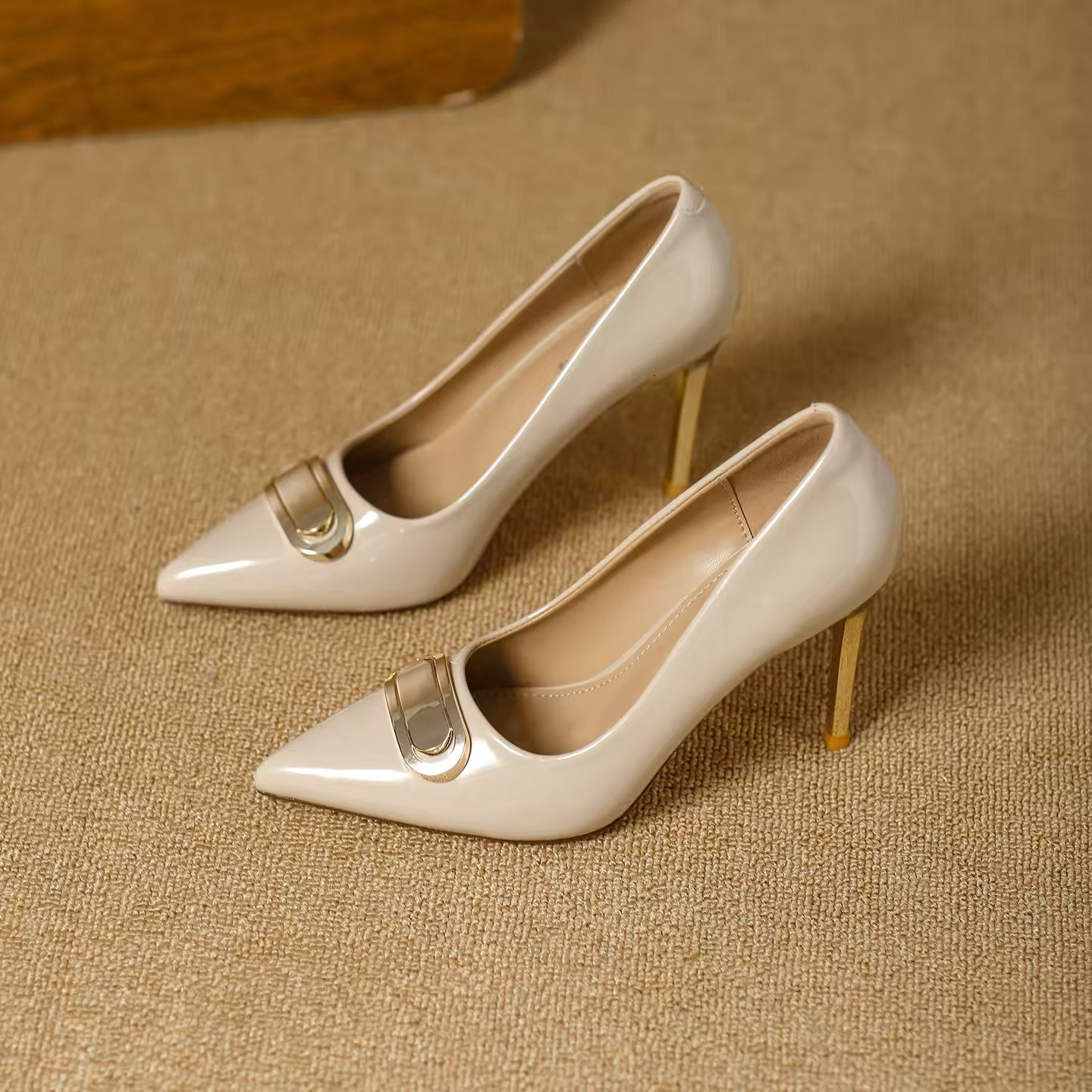 French Style Single Shoes Spring Women Pumps New Pointed Toe Shallow Mouth Metallic Buckle Commuting Shoes Stiletto Single Shoes