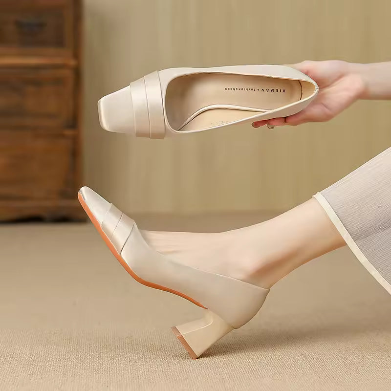 Elegant Satin High Heels Square Toe Slip-On Chunky Heel Comfortable Women's Shoes for Party Fashion Footwear