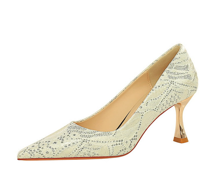 Shoes Lace glitter fabric women pumps Design Kitten heels Women shoes Female Occupation Office Shoes