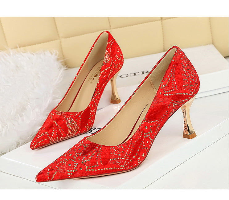 Shoes Lace glitter fabric women pumps Design Kitten heels Women shoes Female Occupation Office Shoes