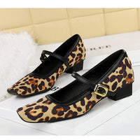 Heels Women Vintage Mary Jane shoes Metal leopard print square head Women Pumps Low heel high heels Suede