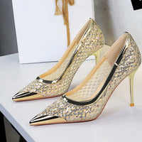 Luxury high heels Sequin mesh Women Pumps Metal pointed tip Women heels 9.5 CM Stiletto Fashion banquet shoes Sexy party shoes