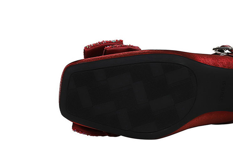 Rhinestone bow Women Pumps Coarse heel Women shoes middle heel Luxury banquet shoes satin square head Ladies shoes