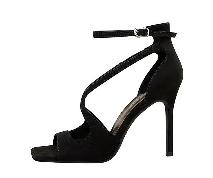 Sexy high heels Women Suede Women Pumps Square head Peep Toe High heeled sandals Buckle hollow out Lady Heels