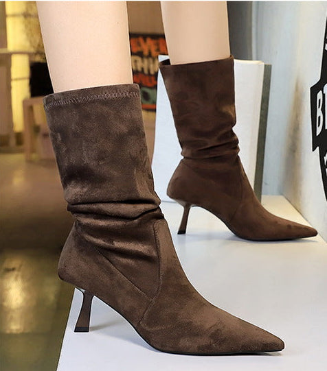 Women Pleated Elastic boots Woman Stiletto 6.5 CM High heel boots Suede Ankle boots Fashion Pointed short boots