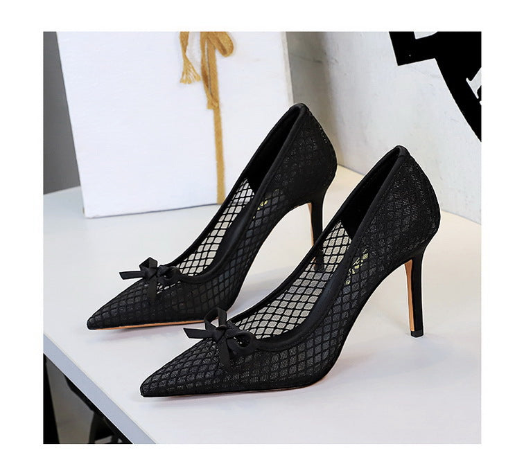 Mesh lace Women Pumps bowknot High Heels 9.5 cm Stiletto Sexy party shoes Luxury banquet shoes Ladies Pumps