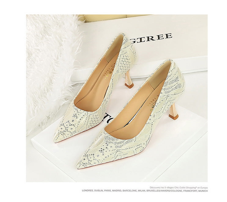 Shoes Lace glitter fabric women pumps Design Kitten heels Women shoes Female Occupation Office Shoes