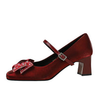 Rhinestone bow Women Pumps Coarse heel Women shoes middle heel Luxury banquet shoes satin square head Ladies shoes