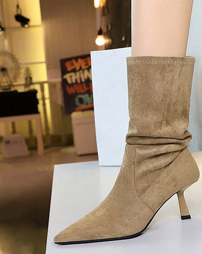 Women Pleated Elastic boots Woman Stiletto 6.5 CM High heel boots Suede Ankle boots Fashion Pointed short boots