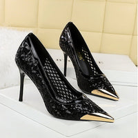 Luxury high heels Sequin mesh Women Pumps Metal pointed tip Women heels 9.5 CM Stiletto Fashion banquet shoes Sexy party shoes