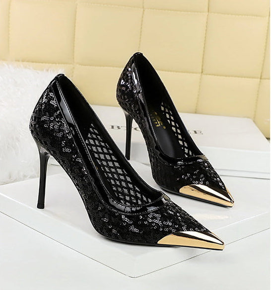 Luxury high heels Sequin mesh Women Pumps Metal pointed tip Women heels 9.5 CM Stiletto Fashion banquet shoes Sexy party shoes
