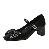 Rhinestone bow Women Pumps Coarse heel Women shoes middle heel Luxury banquet shoes satin square head Ladies shoes