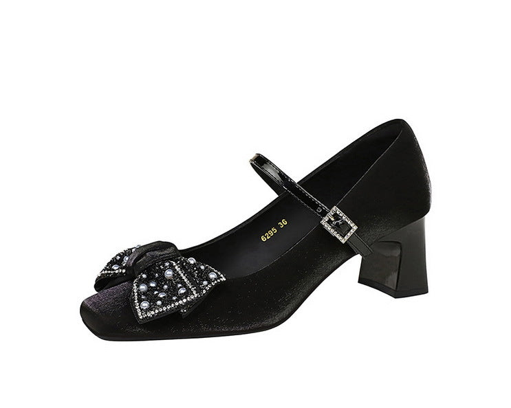 Rhinestone bow Women Pumps Coarse heel Women shoes middle heel Luxury banquet shoes satin square head Ladies shoes