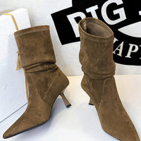 Women Pleated Elastic boots Woman Stiletto 6.5 CM High heel boots Suede Ankle boots Fashion Pointed short boots