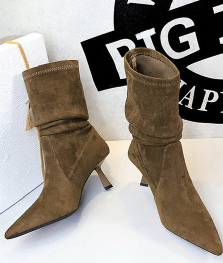 Women Pleated Elastic boots Woman Stiletto 6.5 CM High heel boots Suede Ankle boots Fashion Pointed short boots
