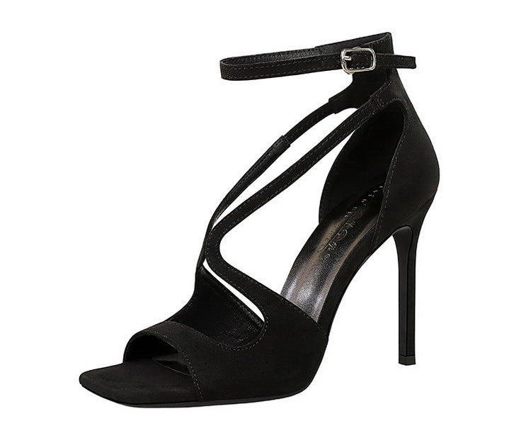 Sexy high heels Women Suede Women Pumps Square head Peep Toe High heeled sandals Buckle hollow out Lady Heels