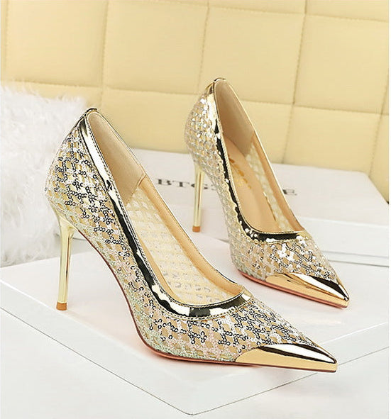 Luxury high heels Sequin mesh Women Pumps Metal pointed tip Women heels 9.5 CM Stiletto Fashion banquet shoes Sexy party shoes