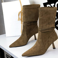 Women Pleated Elastic boots Woman Stiletto 6.5 CM High heel boots Suede Ankle boots Fashion Pointed short boots