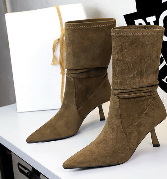 Women Pleated Elastic boots Woman Stiletto 6.5 CM High heel boots Suede Ankle boots Fashion Pointed short boots