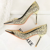 Luxury high heels Sequin mesh Women Pumps Metal pointed tip Women heels 9.5 CM Stiletto Fashion banquet shoes Sexy party shoes
