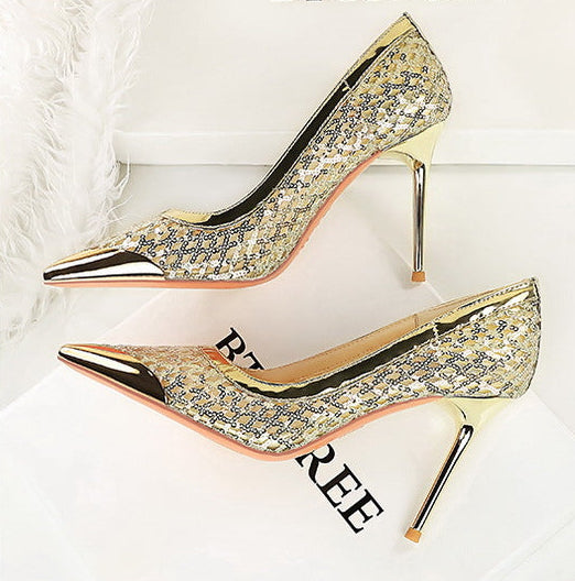 Luxury high heels Sequin mesh Women Pumps Metal pointed tip Women heels 9.5 CM Stiletto Fashion banquet shoes Sexy party shoes
