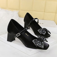 Rhinestone bow Women Pumps Coarse heel Women shoes middle heel Luxury banquet shoes satin square head Ladies shoes
