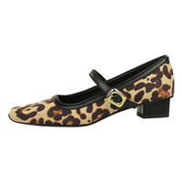 Heels Women Vintage Mary Jane shoes Metal leopard print square head Women Pumps Low heel high heels Suede