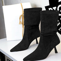 Women Pleated Elastic boots Woman Stiletto 6.5 CM High heel boots Suede Ankle boots Fashion Pointed short boots