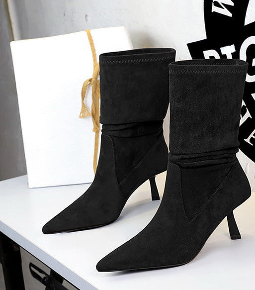 Women Pleated Elastic boots Woman Stiletto 6.5 CM High heel boots Suede Ankle boots Fashion Pointed short boots