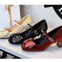 Rhinestone bow Women Pumps Coarse heel Women shoes middle heel Luxury banquet shoes satin square head Ladies shoes