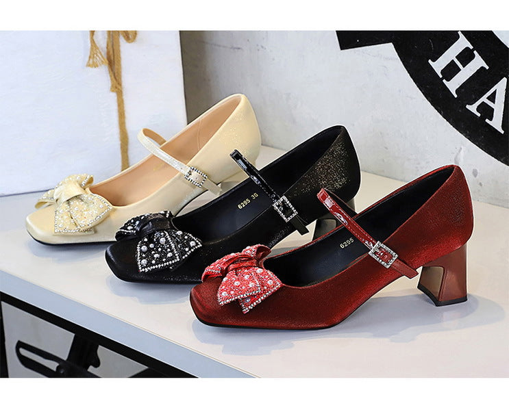 Rhinestone bow Women Pumps Coarse heel Women shoes middle heel Luxury banquet shoes satin square head Ladies shoes