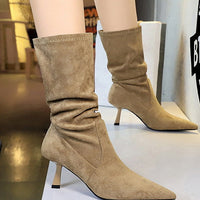 Women Pleated Elastic boots Woman Stiletto 6.5 CM High heel boots Suede Ankle boots Fashion Pointed short boots