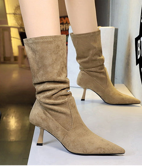 Women Pleated Elastic boots Woman Stiletto 6.5 CM High heel boots Suede Ankle boots Fashion Pointed short boots