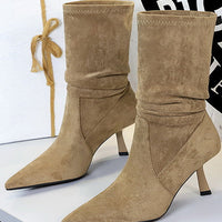 Women Pleated Elastic boots Woman Stiletto 6.5 CM High heel boots Suede Ankle boots Fashion Pointed short boots