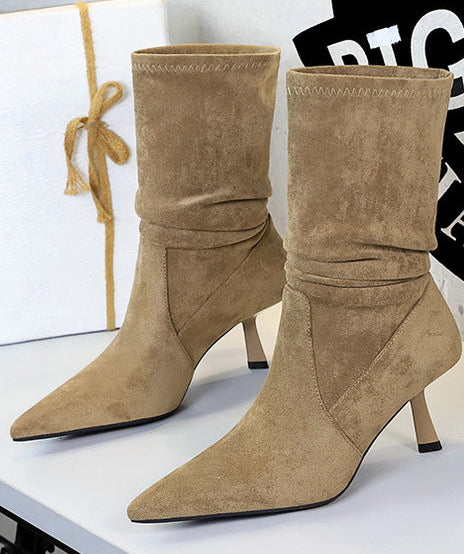 Women Pleated Elastic boots Woman Stiletto 6.5 CM High heel boots Suede Ankle boots Fashion Pointed short boots