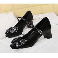 Rhinestone bow Women Pumps Coarse heel Women shoes middle heel Luxury banquet shoes satin square head Ladies shoes