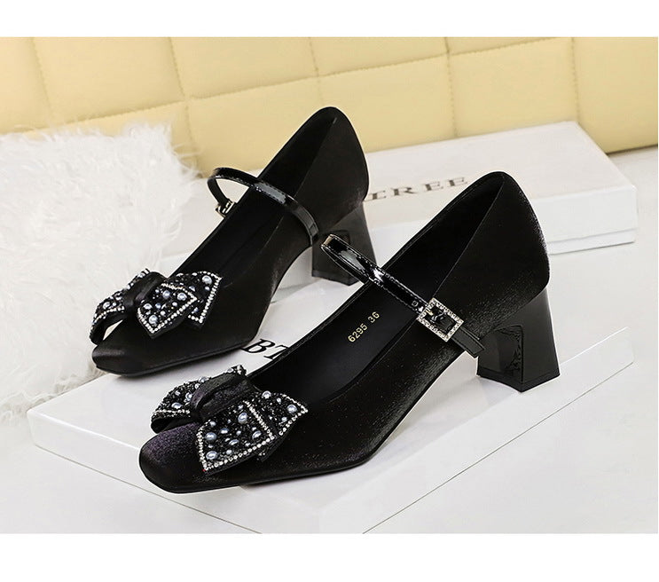 Rhinestone bow Women Pumps Coarse heel Women shoes middle heel Luxury banquet shoes satin square head Ladies shoes