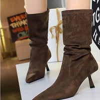 Women Pleated Elastic boots Woman Stiletto 6.5 CM High heel boots Suede Ankle boots Fashion Pointed short boots