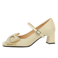 Rhinestone bow Women Pumps Coarse heel Women shoes middle heel Luxury banquet shoes satin square head Ladies shoes