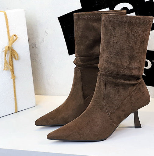 Women Pleated Elastic boots Woman Stiletto 6.5 CM High heel boots Suede Ankle boots Fashion Pointed short boots