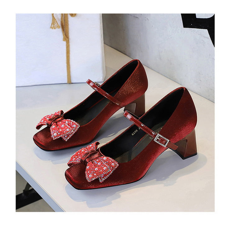 Rhinestone bow Women Pumps Coarse heel Women shoes middle heel Luxury banquet shoes satin square head Ladies shoes