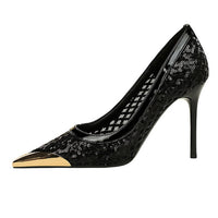 Luxury high heels Sequin mesh Women Pumps Metal pointed tip Women heels 9.5 CM Stiletto Fashion banquet shoes Sexy party shoes