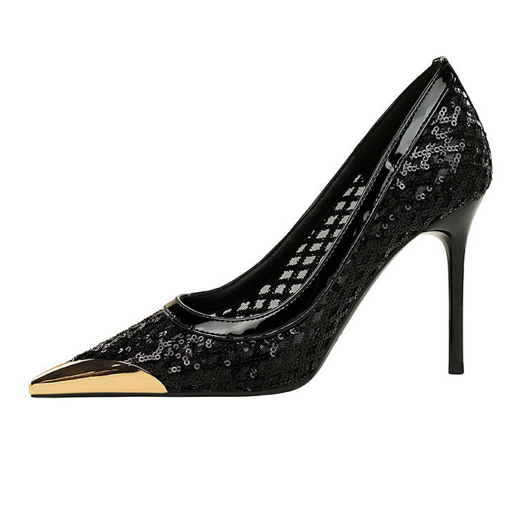 Luxury high heels Sequin mesh Women Pumps Metal pointed tip Women heels 9.5 CM Stiletto Fashion banquet shoes Sexy party shoes