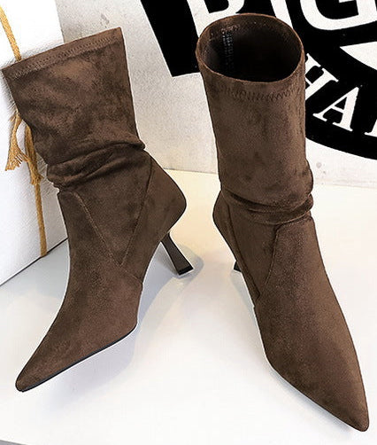 Women Pleated Elastic boots Woman Stiletto 6.5 CM High heel boots Suede Ankle boots Fashion Pointed short boots