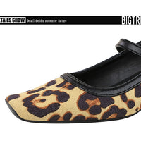 Heels Women Vintage Mary Jane shoes Metal leopard print square head Women Pumps Low heel high heels Suede