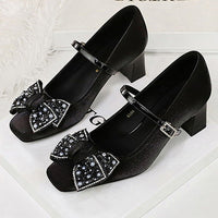 Rhinestone bow Women Pumps Coarse heel Women shoes middle heel Luxury banquet shoes satin square head Ladies shoes